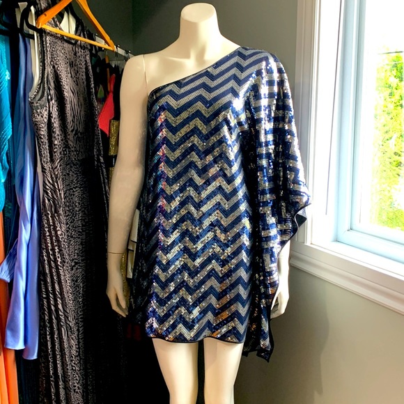 Stunning Jay Godfrey Dress Party Sequins Striped Blue Gray One Shoulder Batwing - Picture 3 of 8